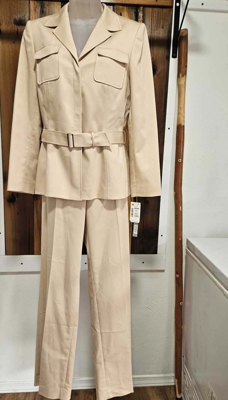 Tahari Beige Belted Pantsuit with Notch Collar